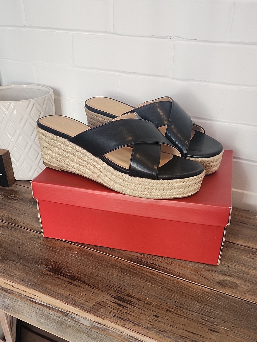 Black Espadrille Wedge Slide Sandals - Women 10